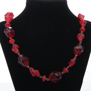 Raspberry Red Carved Lucite Necklace - Vintage 1940s/50s